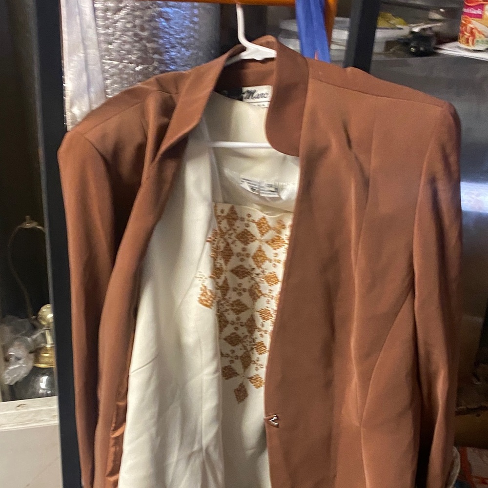 Brown Blazer with Embroidered White Top